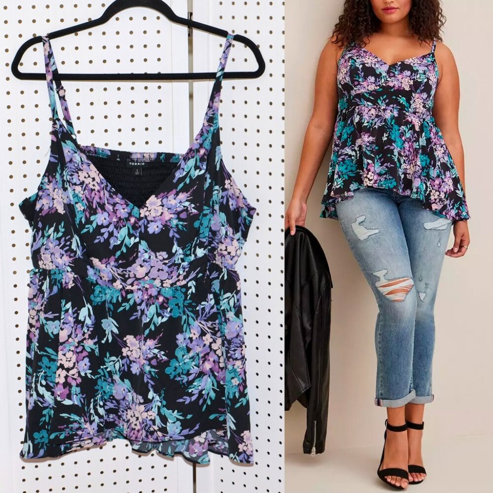 Plus Size Torrid 2 Peplum Studio Crepe de Chine Hi-Low Floral Flutter Tank Top